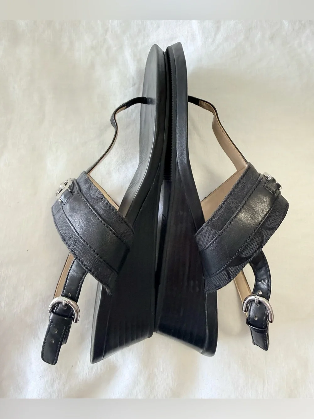 Coach | Women’s 10 | Black Despina Thong Sandal | Silver Tone Hardware Monogram